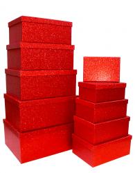 Набор из десяти прямоугольных подарочных коробок красного цвета, отделка фактурной блестящей бумагой, размер 37*28*17 см.