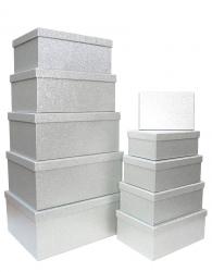 Набор из десяти прямоугольных подарочных коробок серебряного цвета, отделка фактурной блестящей бумагой, размер 37*28*17 см.