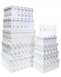 Набор из десяти новогодних прямоугольных подарочных коробок белого цвета, отделка матовой бумагой с тиснением "Снежинки", размер 37*28*17 см.