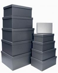 Набор из десяти прямоугольных подарочных коробок графитового цвета, отделка фактурной матово-перламутровой дизайнерской бумагой, размер 37*28*17 см.