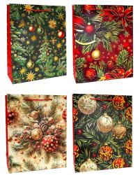 Бумажные новогодние подарочные пакеты из плотной матовой бумаги с золотым тиснением, серия "Праздничное настроение", размер 26*32*10 см.