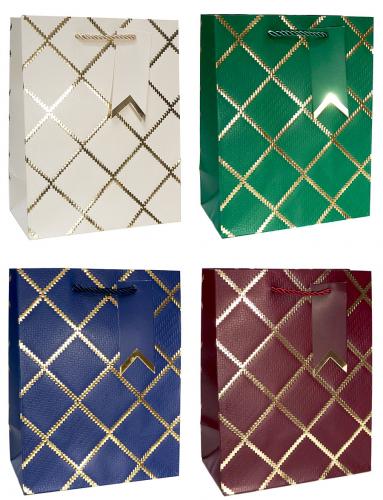 Бумажные подарочные пакеты из матовой фактурной однотонной бумаги с золотым тиснением, серия "Классика ромбы", размер 18*23*10 см.