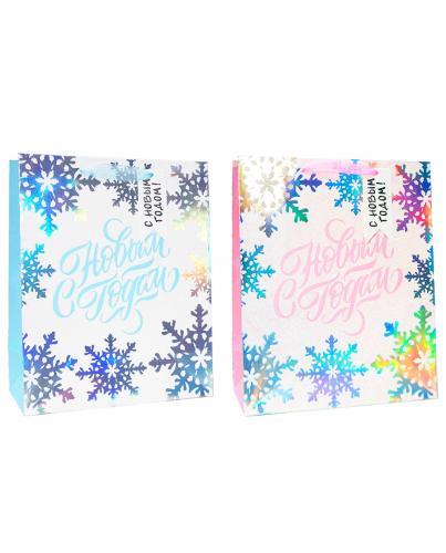 Бумажные новогодние подарочные пакеты из плотной бумаги с голографическим тиснением и перламутровыми блёстками, серия "С Новым годом!", размер 18*23*10 см.
