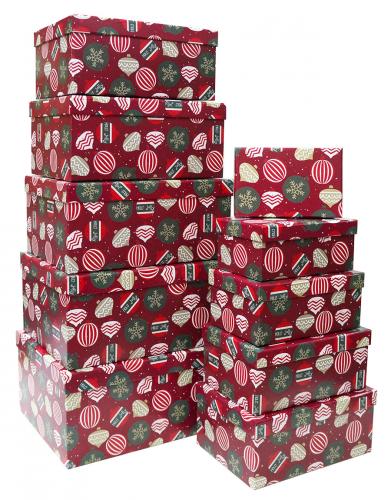 Набор из десяти новогодних прямоугольных подарочных коробок, отделка матовой бумагой с рисунком "Игрушки на бордовом фоне", размер 35*26*16,5 см.