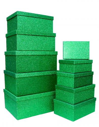 Набор из десяти прямоугольных подарочных коробок зелёного цвета, отделка фактурной блестящей бумагой, размер 37*28*17 см.